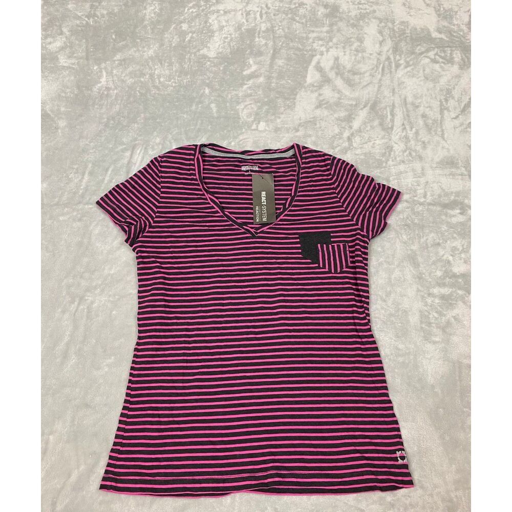 NWT Kenneth Cole Reaction V-Neck T-Shirt Size L Pink Black Striped Short Sleeve